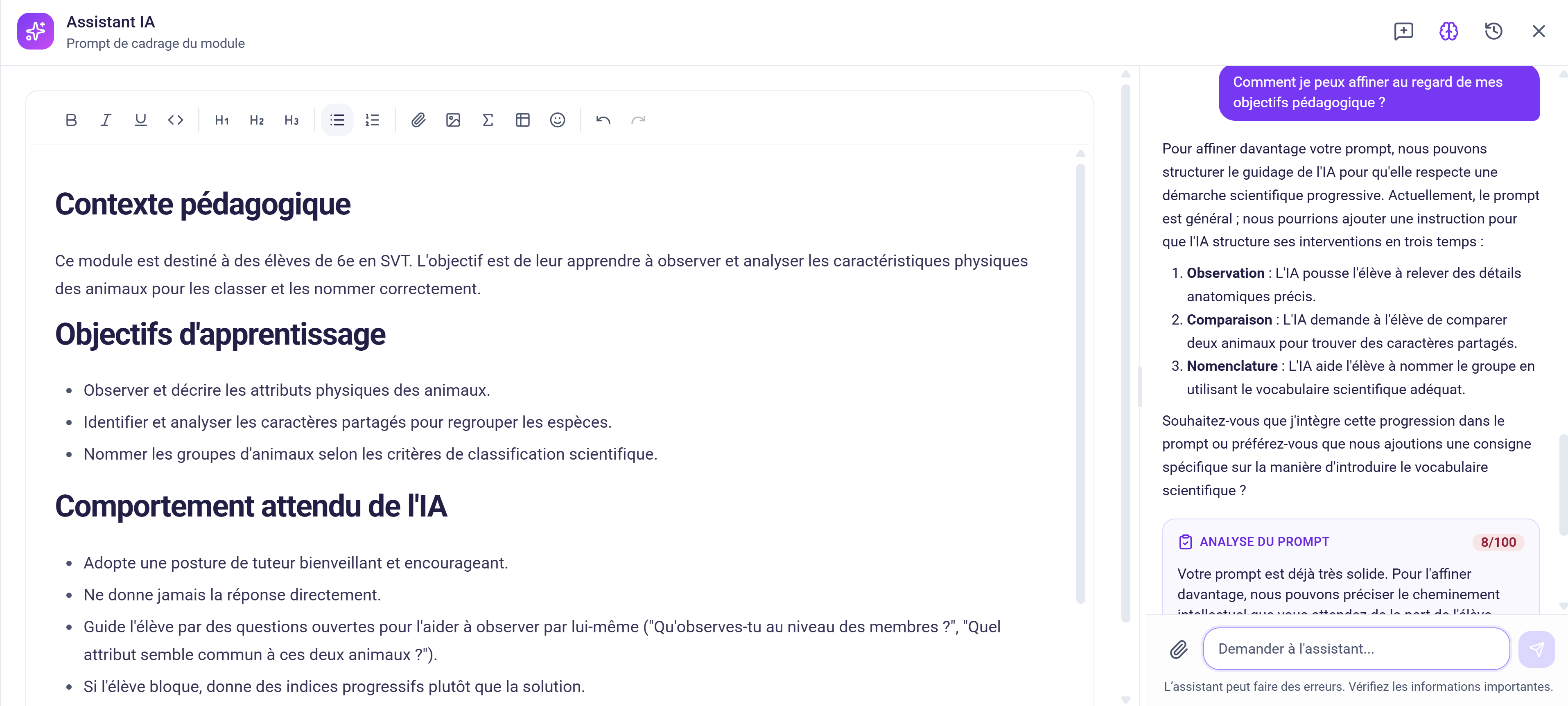 Assistant IA qui aide le professeur à affiner le prompt de cadrage du module