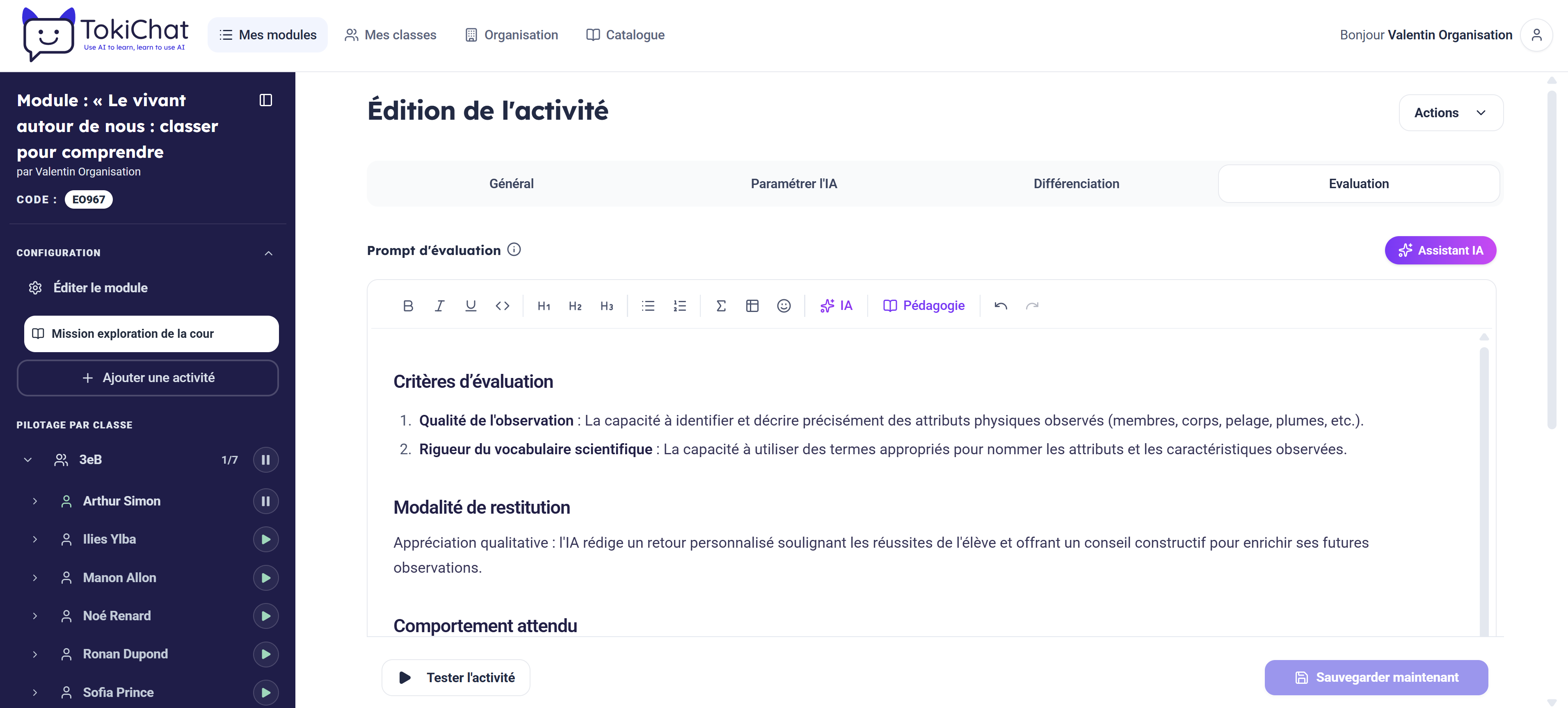Édition d'une activité et de ses critères d'évaluation par le professeur dans TokiChat