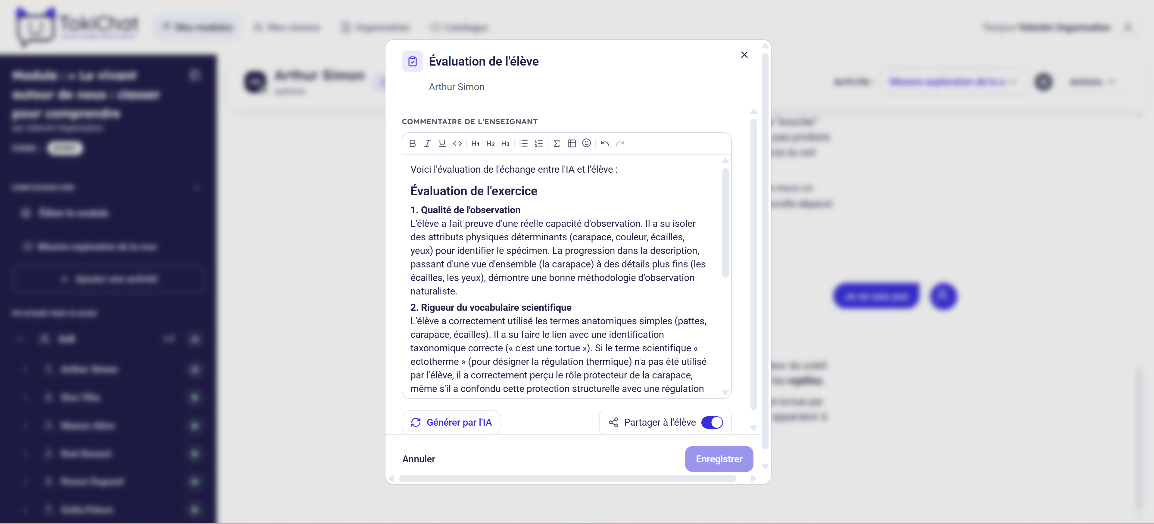 Évaluation de l'élève générée par l'IA et relue par le professeur