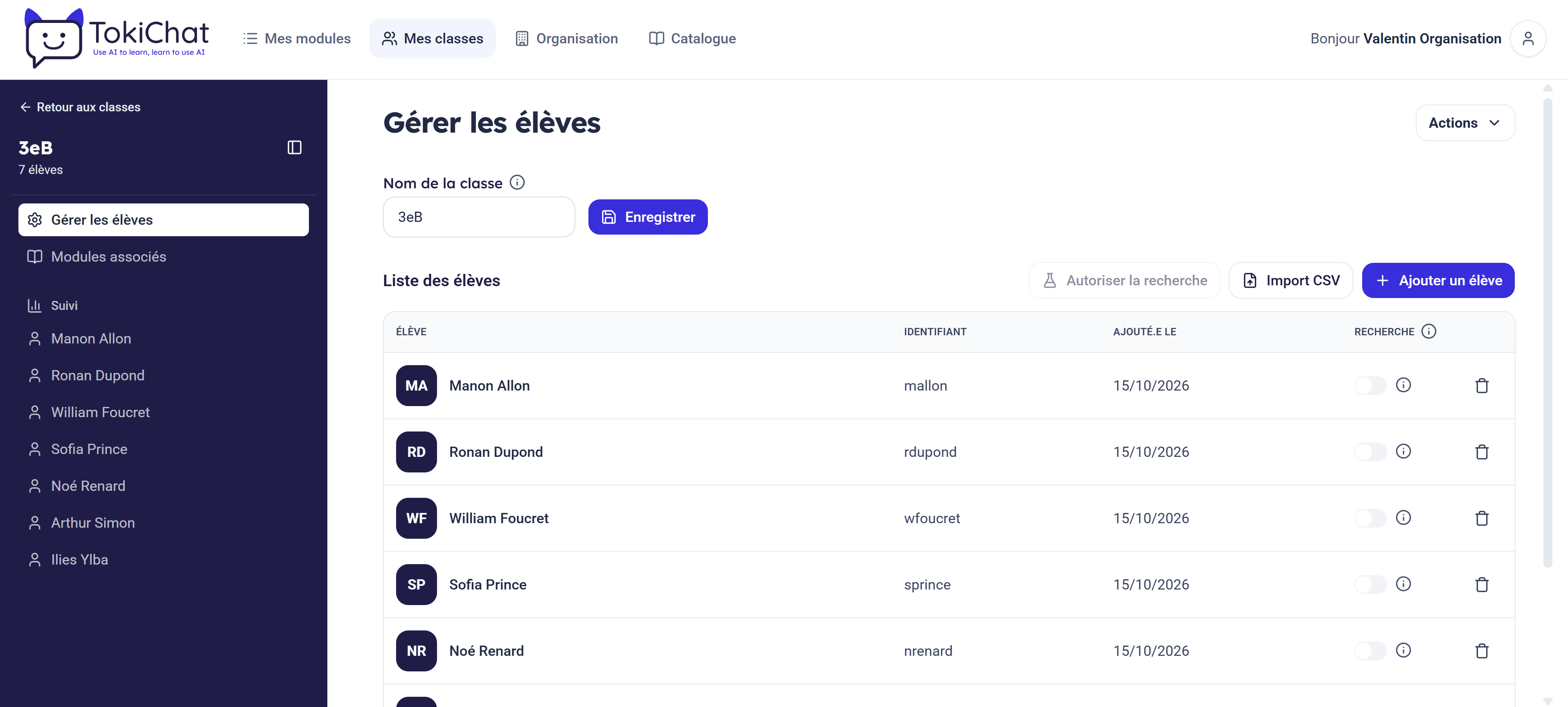 Gestion des élèves d'une classe côté professeur