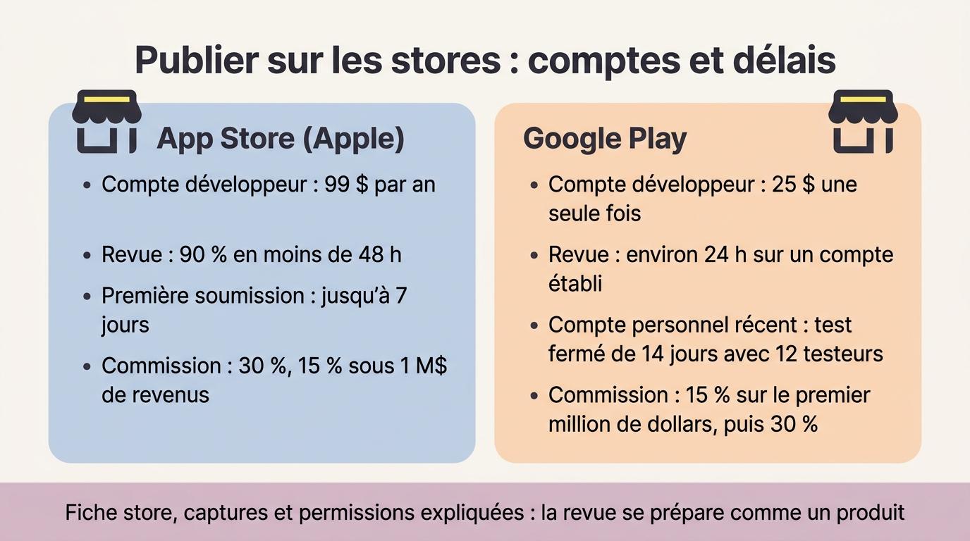 Comptes développeur, délais de revue et commissions de l’App Store et du Google Play Store