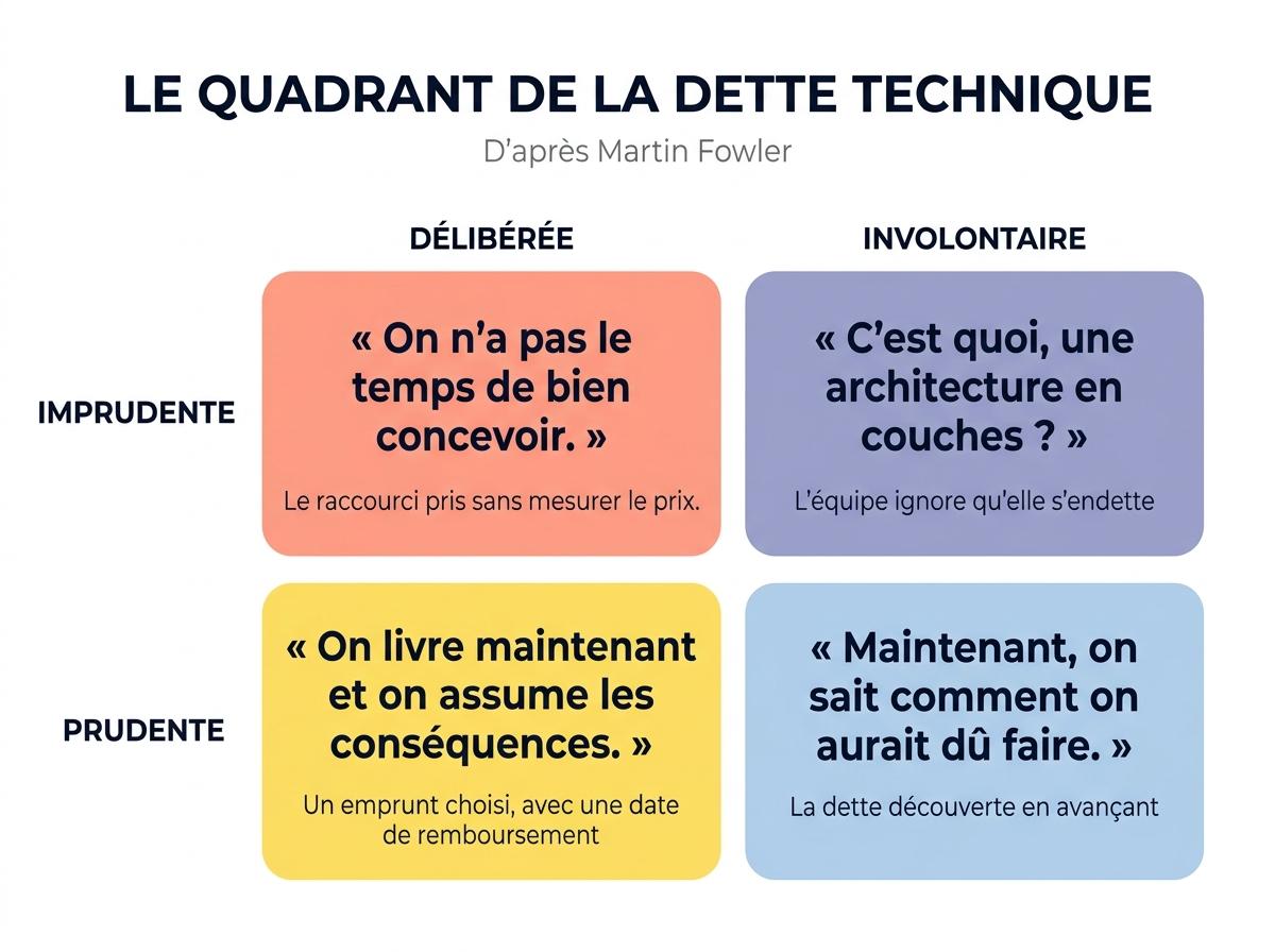 Quadrant de la dette technique de Martin Fowler : dette délibérée ou involontaire, prudente ou imprudente