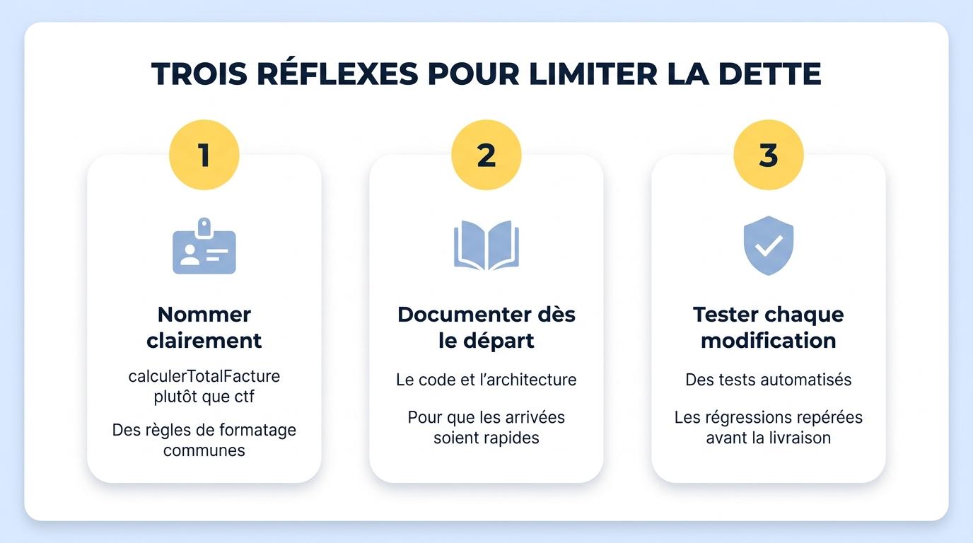 Trois réflexes pour limiter la dette technique : nommer clairement, documenter dès le départ, tester chaque modification