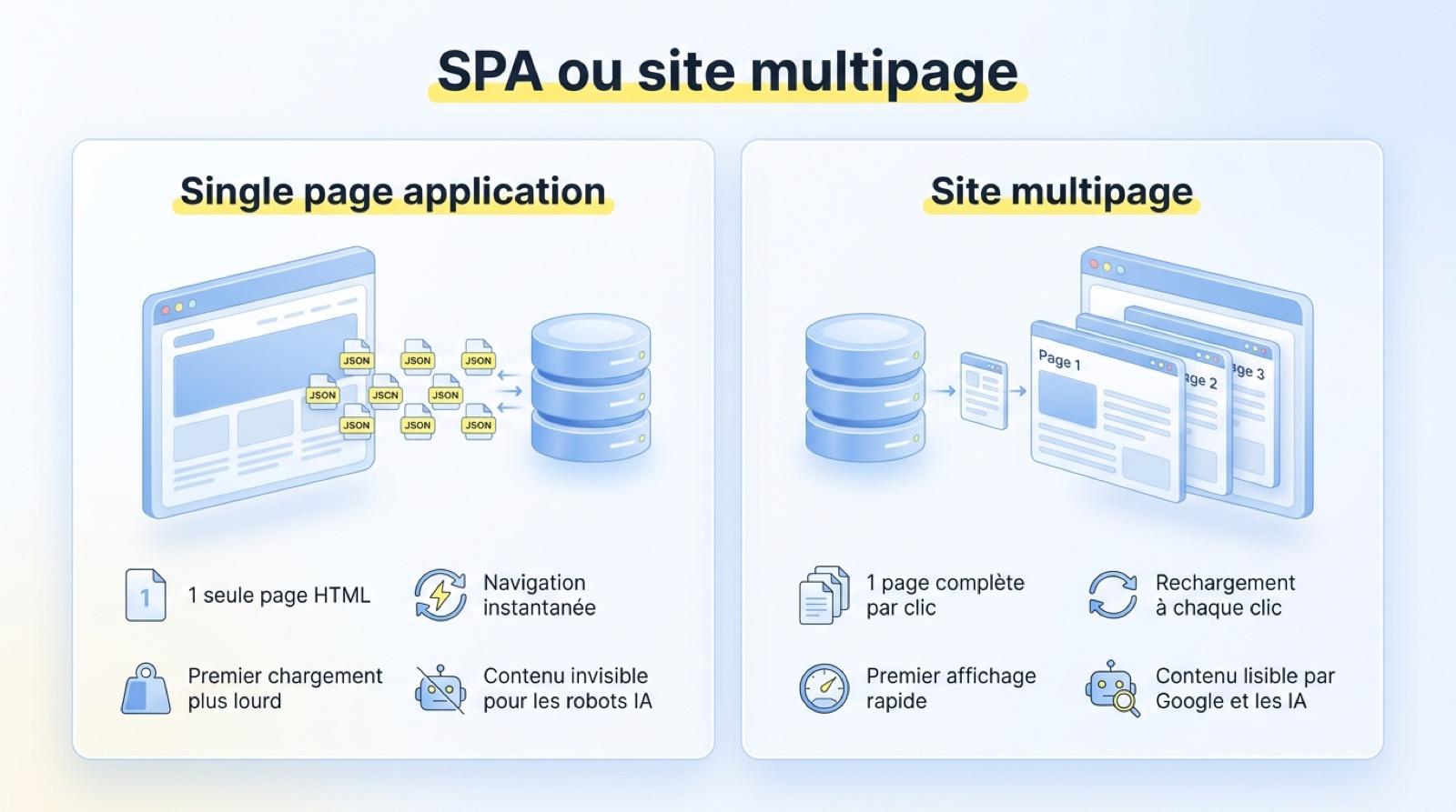 Comparatif entre une single page application et un site multipage : chargement, navigation et visibilité pour les robots