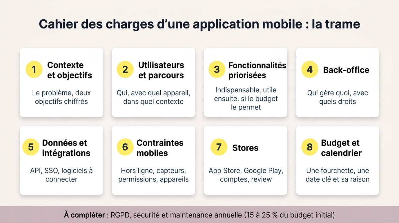 Trame d’un cahier des charges d’application mobile en 8 rubriques, complétée par le RGPD, la sécurité et la maintenance
