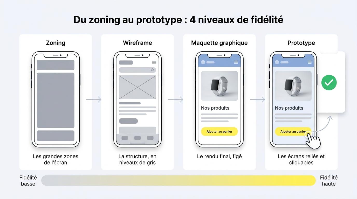 Les 4 niveaux de fidélité d'un écran : zoning, wireframe, maquette graphique et prototype cliquable