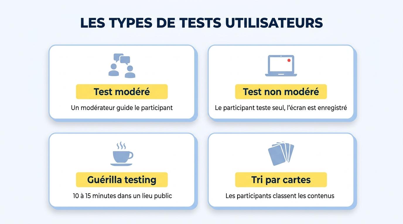 Les quatre types de tests utilisateurs les plus courants : test modéré, test non modéré, guérilla testing et tri par cartes