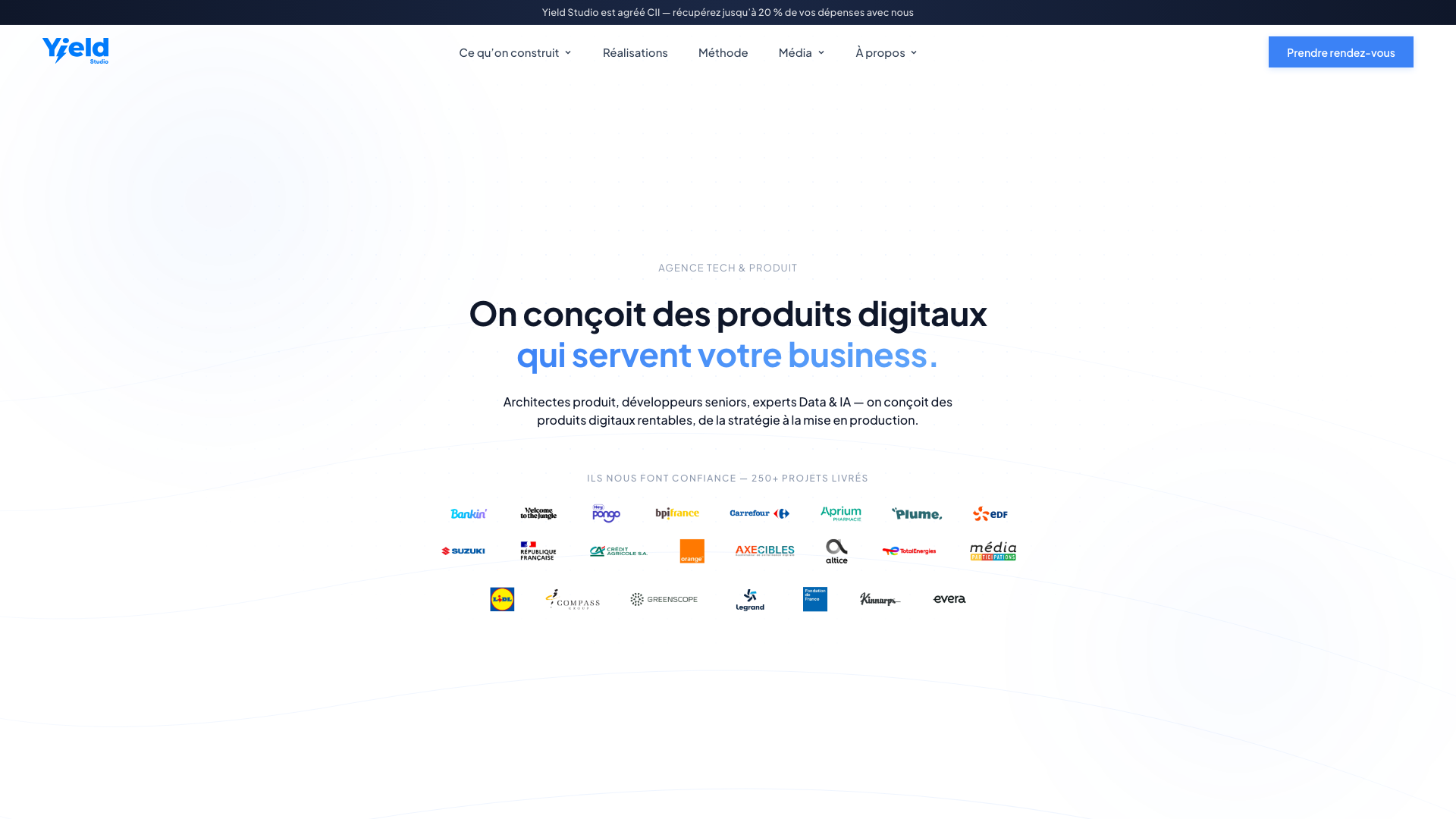 Capture d’écran de la home de Yield Studio
