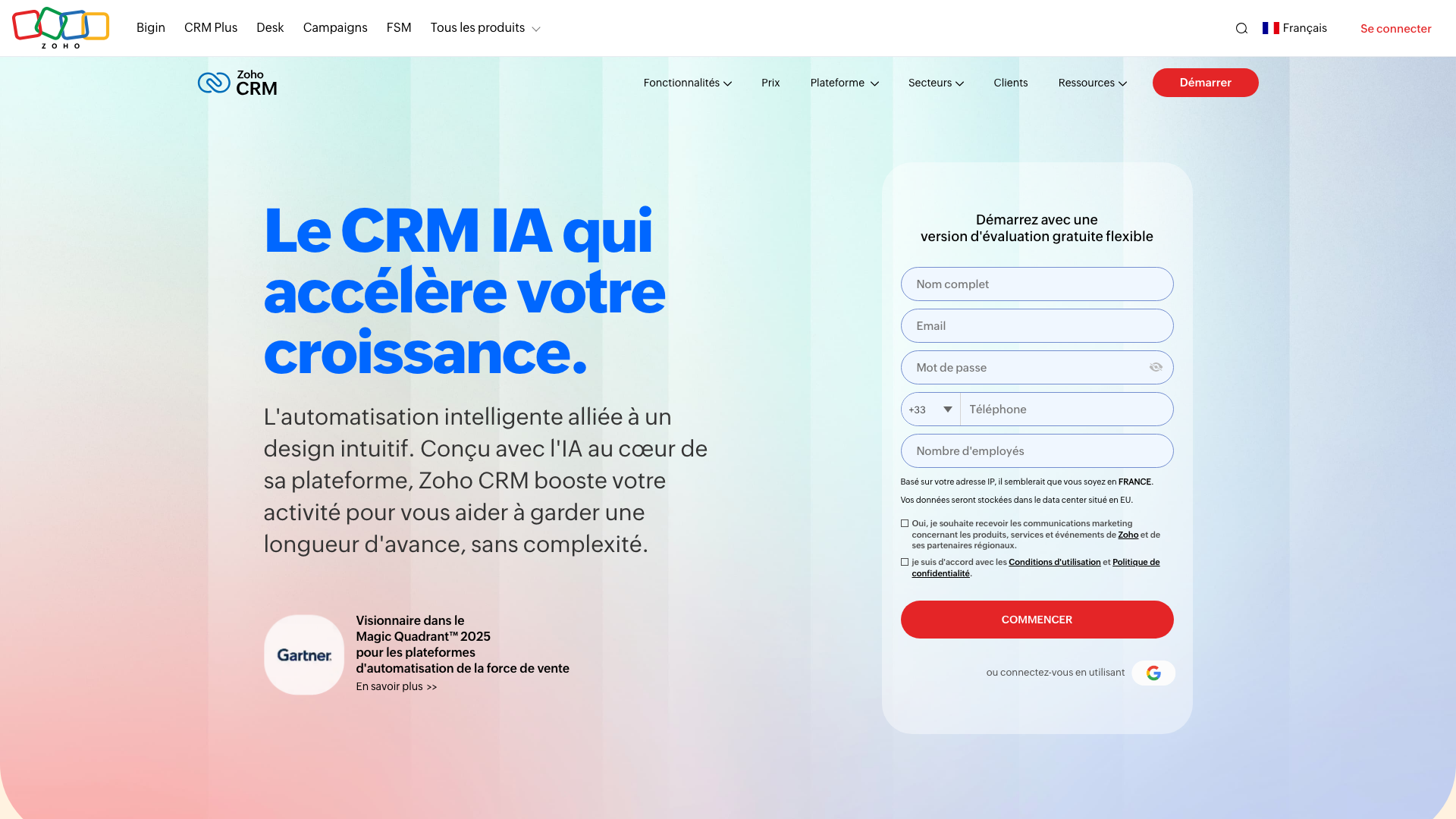 Capture d'écran de la page CRM de Zoho